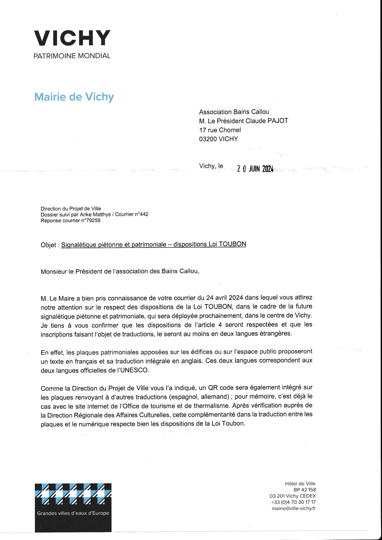 Réponse à notre courrier du 24 avril 2024